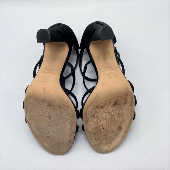 Chanel Black Satin Interlocking CC Logo T-Strap Sandals With 4.5 Inch Heel - Picture 6 of 7